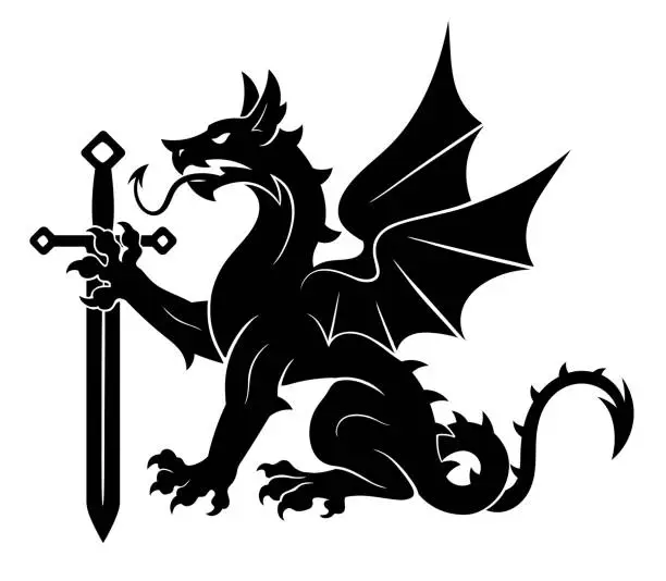 Vector illustration of Heraldic dragon with sword