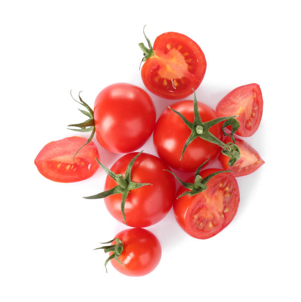 istock Tasty fresh raw tomatoes isolated on white, top view 1347209289