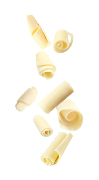 istock Set with yummy chocolate curls falling on white background 1347209731