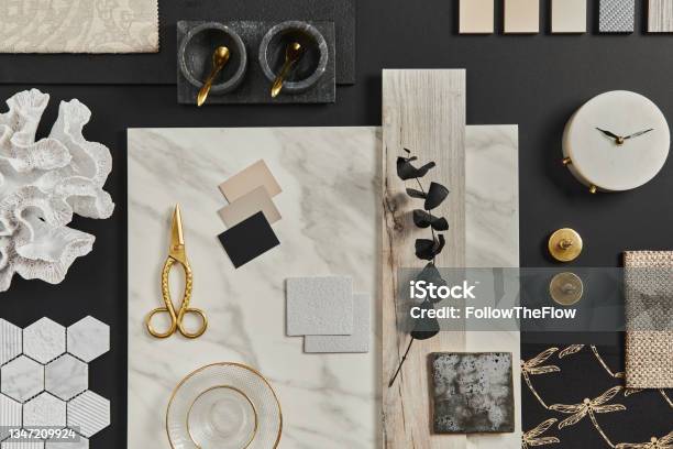 Flat Lay Composition Of Creative Black Architect Mood Board With Samples Of Building Textile And Natural Materials And Personal Accessories Top View Black Background Template Stock Photo - Download Image Now