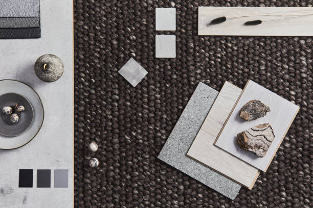 istock Stylish flat lay composition of architect mood board with samples of building, brown textile and natural materials and personal accessories. Top view, template. 1347209926