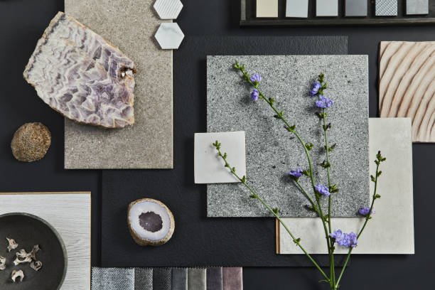 istock Flat lay composition of creative black architect moodboard with samples of building, textile and natural materials and personal accessories. Top view, black backgroung, template. 1347209932