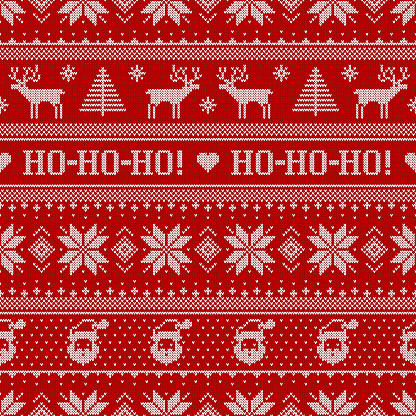 Christmas knitted pattern with Santa Clauses, deers, Ho-Ho-Ho phrase, and scandinavian ornament. Sweater background. Seamless print. Vector illustration.