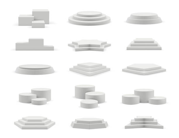 Podium realistic. Geometrical 3d round and square empty podium decent vector templates collection isolated Podium realistic. Geometrical 3d round and square empty podium decent vector templates collection isolated. Empty realistic podium geometric illustration platform shoe stock illustrations