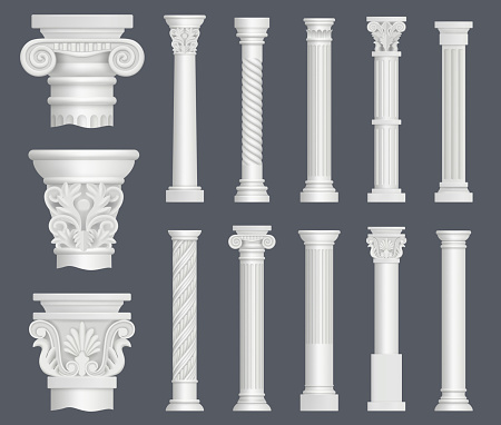 Antique columns. Vintage ancient facade decoration renaissance style ornamental pillars architectural interior objects decent vector realistic illustrations. Building antique and ancient pillar