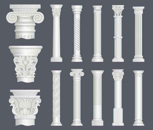 Antique columns. Vintage ancient facade decoration renaissance style ornamental pillars architectural interior objects decent vector realistic illustrations Antique columns. Vintage ancient facade decoration renaissance style ornamental pillars architectural interior objects decent vector realistic illustrations. Building antique and ancient pillar doric stock illustrations