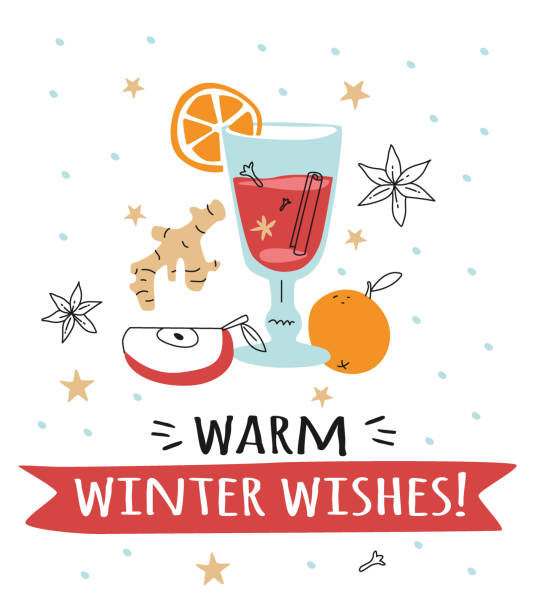 ilustraciones, imágenes clip art, dibujos animados e iconos de stock de vino caliente con ingredientes de postal. póster plano de diseño para menú de invierno. - mulled wine punch cocktail christmas