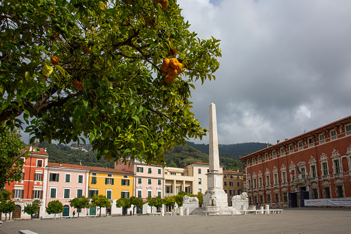 Massa Carrara, Italy - 16, September, 2021. Piazza degli Aranci. Downtown of Massa Carrara in Tuscany