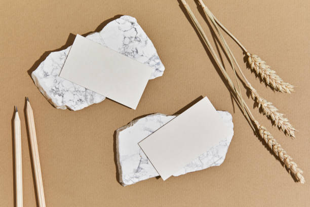 istock Creative flat lay composition with mock up visit cards, rocks, natural materials, dry plants and personal accessories. Neutral colors, top view, template. 1347214819