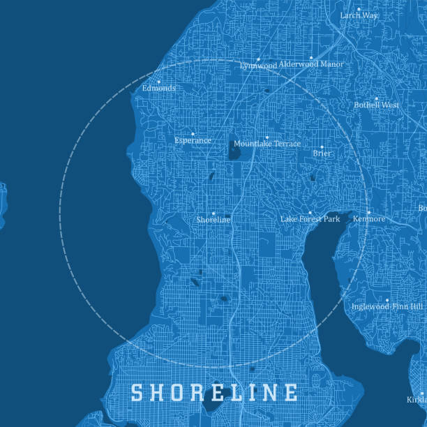 ilustrações, clipart, desenhos animados e ícones de texto azul do mapa azul do mapa do vetor da cidade de shoreline wa - edmonds