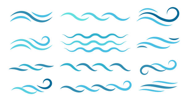 Water wave line art set. Wave beach vector symbol or logo design collection. Water wave line art set. Wave beach vector symbol or logo design collection. Abstract water waves see blue vector design elements. wind silhouettes stock illustrations