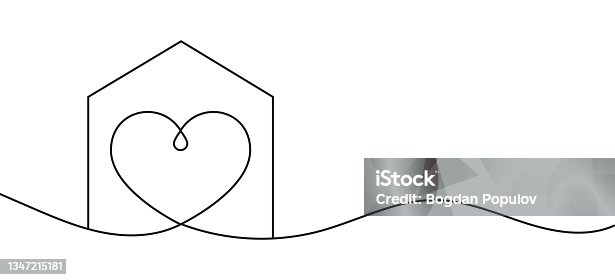 istock Home with heart line art drawing vector illustration. Continuous one line drawing house with heart shape. 1347215181