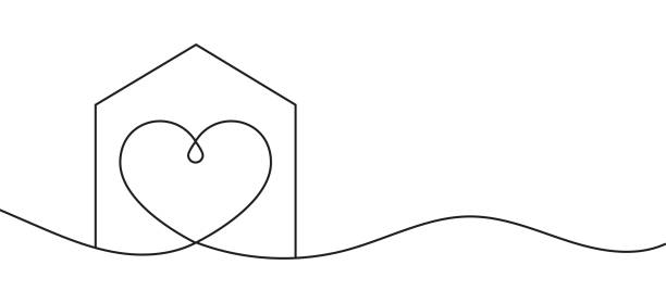 Home with heart line art drawing vector illustration. Continuous one line drawing house with heart shape. Home with heart line art drawing vector illustration. Continuous one line drawing house with heart shape. Abstract love symbol. Outline ribbon vector background. Art design template. person outline drawing stock illustrations