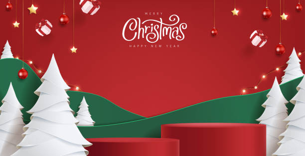 istock Merry Christmas banner with product display cylindrical shape and festive decoration 1347216716