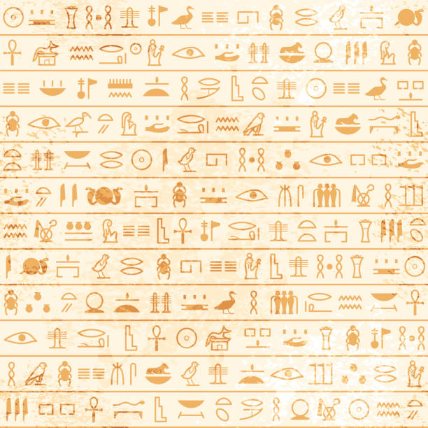 상형 문자 패턴 고대 이집트 면봉 파피루스. 고대 이집트에서 역사적 벡터. 파라오와 신의 상징, 스크립트와 오래된 그런지 원고. 예술 디자인. 텍스트 편지 파피루스 일러스트레이션 - pharaoh stock illustrations