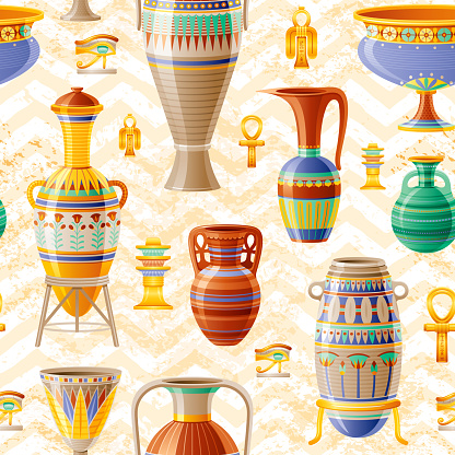 Vase pattern. Pottery Seamless vector background with old clay Pot, Oil Jug, Urn, Amphora, Glass, Jar, Vase. Ancient Egyptian pattern. Antique ceramic art. Cartoon ethnic vintage decor on zig zag