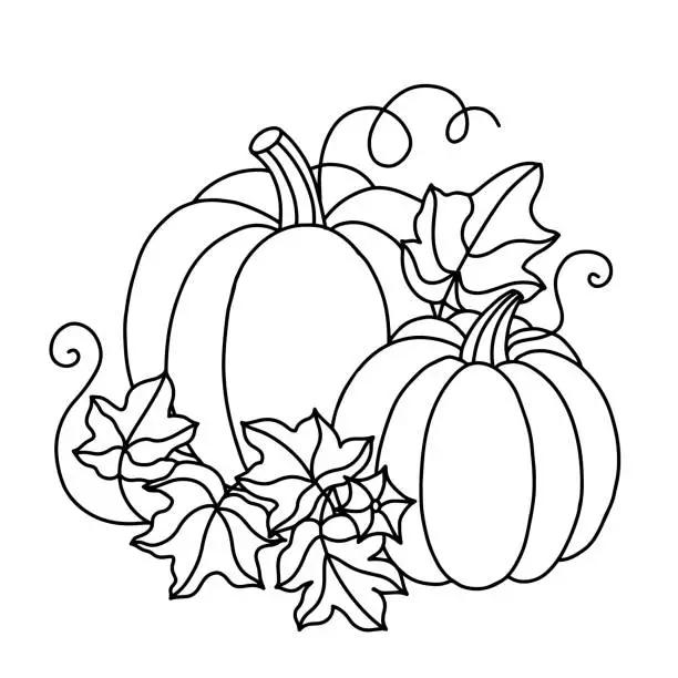 Vector illustration of Coloring book with pumpkins and leaves.