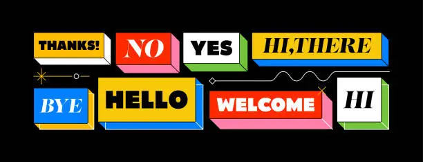 Vector illustration of Speech Bubbles Short Phrases, Great, Yes, Omg, Wow, Thank You, Ok, Welcome, Nice