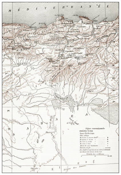 antique french map of constantine (french département in algeria) - 阿爾基爾 幅插畫檔、美工圖案、卡通及圖標