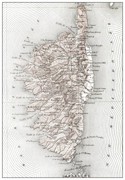 illustrazioni stock, clip art, cartoni animati e icone di tendenza di antica mappa francese della corsica (dipartimento) - ajaccio