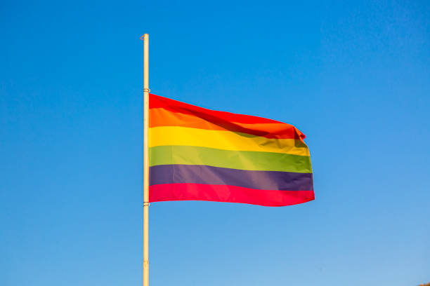 istock Rainbow flag LGBT movement symbol against blue sky background 1347221740