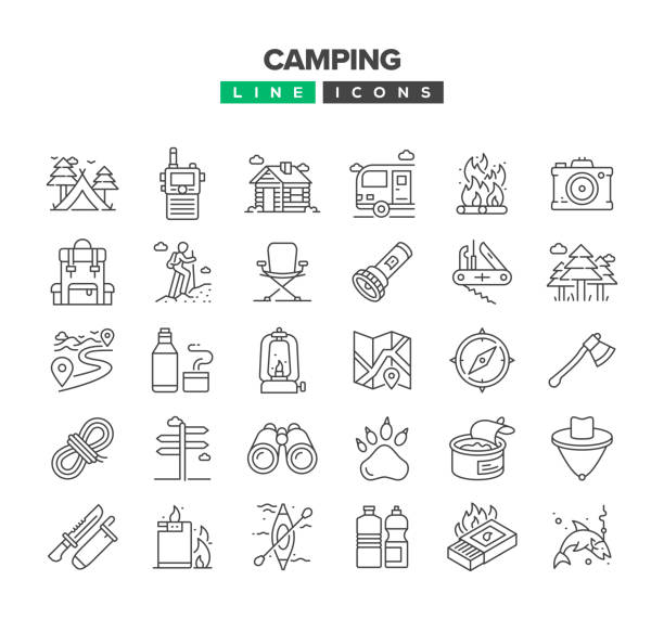 illustrazioni stock, clip art, cartoni animati e icone di tendenza di set di icone camping line - camping picnic mountain vector