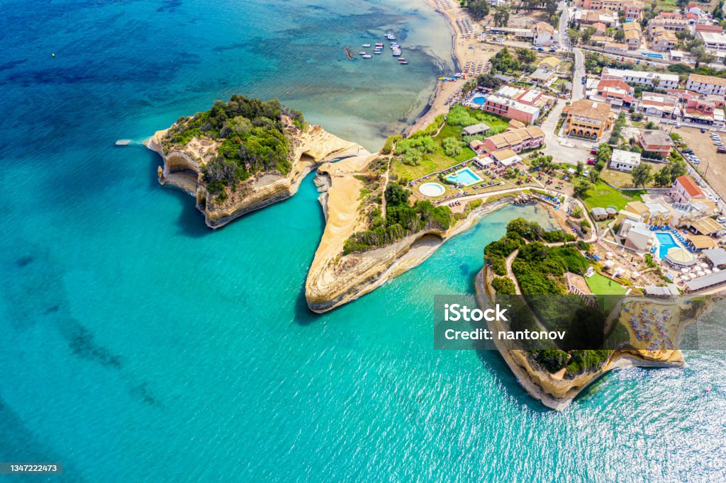 Aerial drone view of canal D'amour in Sidari Corfu island, Greece Aerial drone view of canal D'amour in Sidari Corfu island, Greece. Corfu Stock Photo