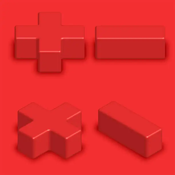 Vector illustration of Mathematics symbols red color 3d creative isometric shape, plus minus multiply divide set math signs for arithmetic calculator.