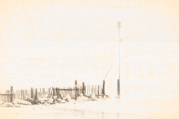 Long exposure photograph of wooden sea defences at high tide. Exposure time in excess of 60 secs