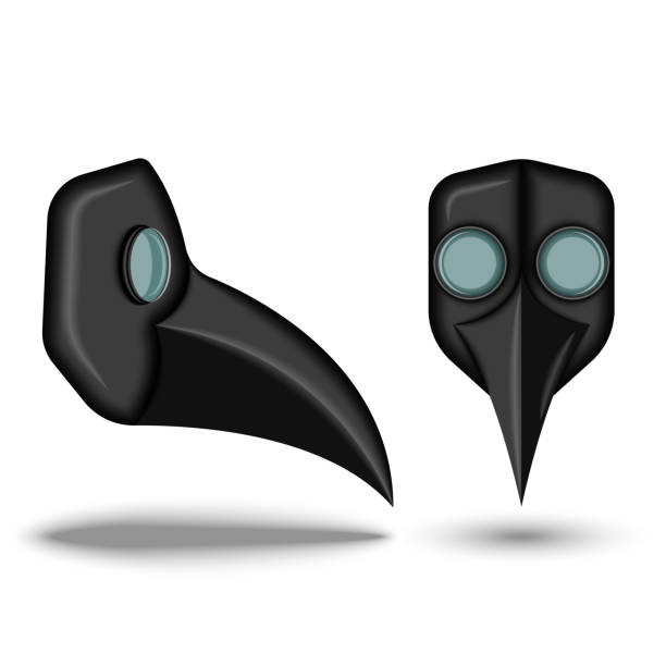 Realistic 3d plague doctor black mask bird-like beak front view and side view isolated on white background, halloween vector clipart. Realistic 3d plague doctor black mask bird-like beak front view and side view isolated on white background, halloween vector clipart. black plague doctor stock illustrations