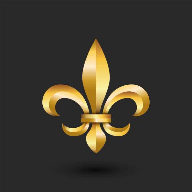 goldene heraldische lilie 3d-logo, goldener farbverlauf facettiertes emblem kreatives design, metallische fleur-de-lys französisches königssymbol. - lily fleur de lys king flower stock-grafiken, -clipart, -cartoons und -symbole