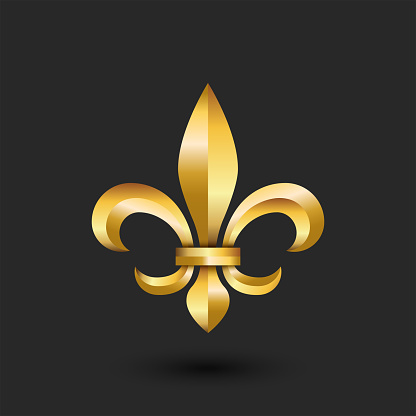 Golden heraldic lily 3d logo, gold gradient faceted emblem creative design, metallic fleur-de-lys French royalty symbol.