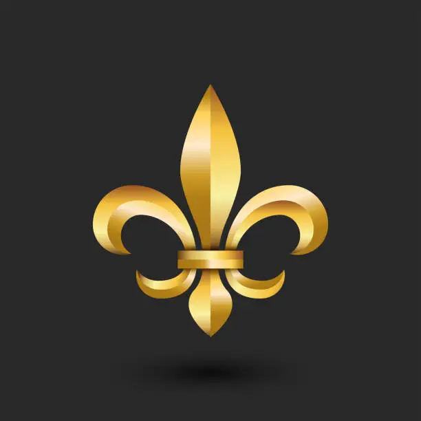 Vector illustration of Golden heraldic lily 3d logo, gold gradient faceted emblem creative design, metallic fleur-de-lys French royalty symbol.