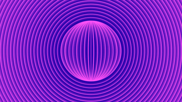 사이버 펑크 미래 지향적 인 배경, 보라색 파란색 은 미래의 공 의 중심에서 빛나는 빛나는 원을 발산 파문을 발산 하는 자양체 기하학적 패턴. - exploding energy abstract backgrounds stock illustrations