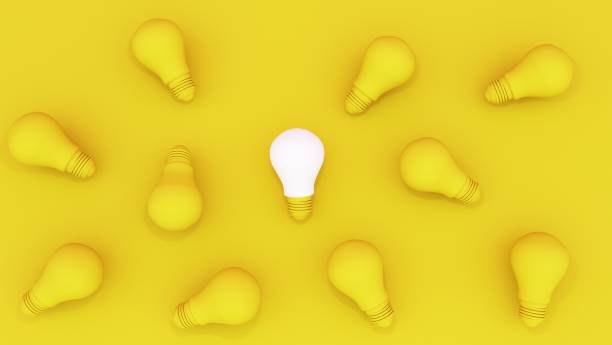 istock 3d render. light bulbs on a bright background with one burning bulb in the center 1347227481