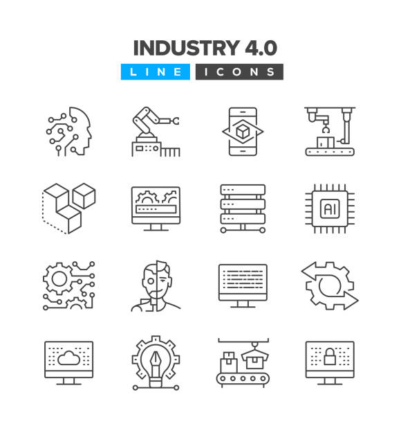 ilustraciones, imágenes clip art, dibujos animados e iconos de stock de conjunto de iconos de línea de industria 4.0 - spy cam
