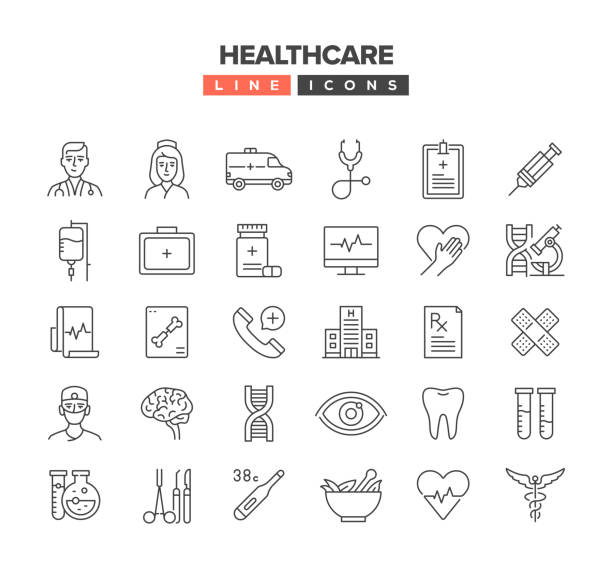 illustrations, cliparts, dessins animés et icônes de jeu d’icônes de ligne de soins de santé - médical