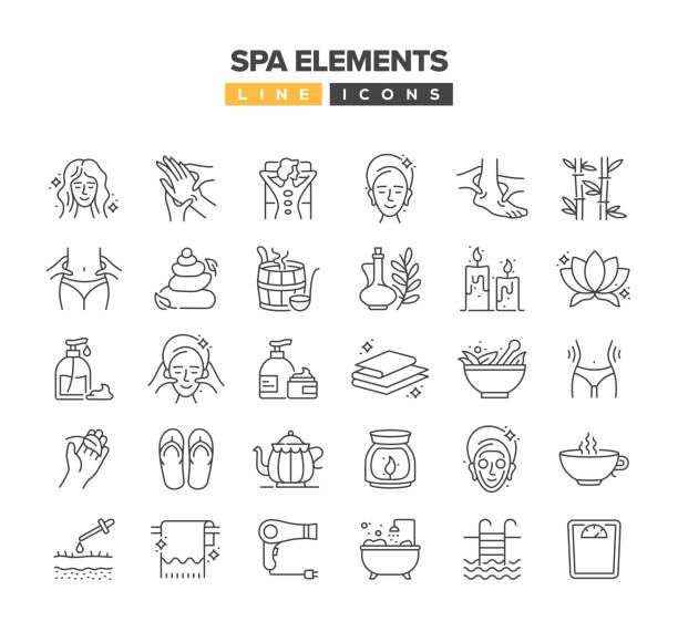 ilustraciones, imágenes clip art, dibujos animados e iconos de stock de conjunto de iconos de línea spa elements - massage therapist illustrations