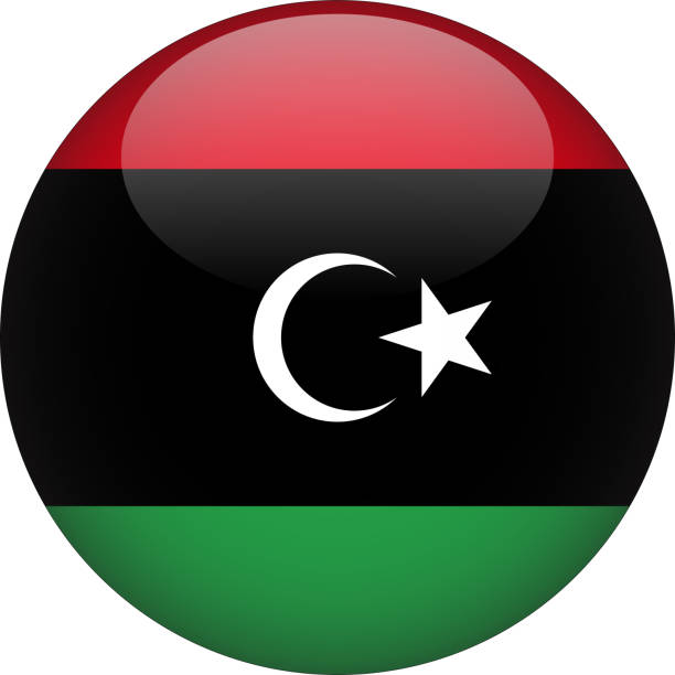 schaltfläche "libyen 3d runde länderflagge" symbol - libya flag libyan flag three dimensional shape stock-grafiken, -clipart, -cartoons und -symbole