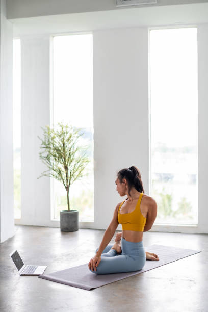 istock Asian female practicing yoga while using laptop stock photo 1347228277