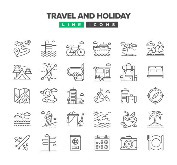 illustrations, cliparts, dessins animés et icônes de jeu d’icônes de ligne de voyage et de vacances - solar calendar