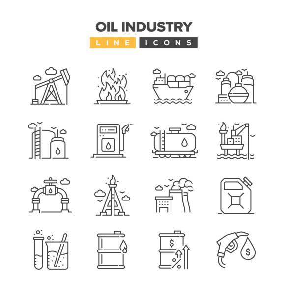 ilustraciones, imágenes clip art, dibujos animados e iconos de stock de conjunto de iconos de línea de la industria petrolera - oil drum fuel storage tank barrel container