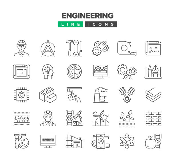 ilustraciones, imágenes clip art, dibujos animados e iconos de stock de conjunto de iconos de línea de ingeniería - drawing compass machine part engineering plan