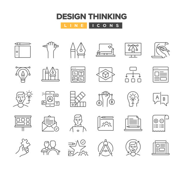 ilustraciones, imágenes clip art, dibujos animados e iconos de stock de conjunto de iconos de línea design thinking - director creativo