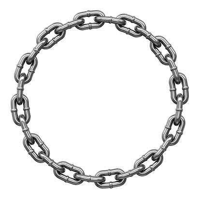 Stainless steel chain links pattern. Circle frame. 3d illustration isolated on the white background with clipping path.