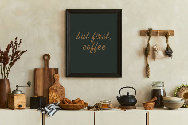 istock Stylish composition of modern kitchen interior design with mock up poster frames, beige sideboard and retro accessories. Template. Autumn vibes. 1347229567