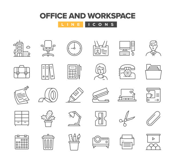 zestaw ikon linii pakietu office i obszaru roboczego - adhesive tape illustrations stock illustrations