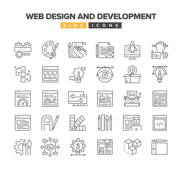 ilustraciones, imágenes clip art, dibujos animados e iconos de stock de conjunto de iconos de línea de diseño y desarrollo web - diseño web