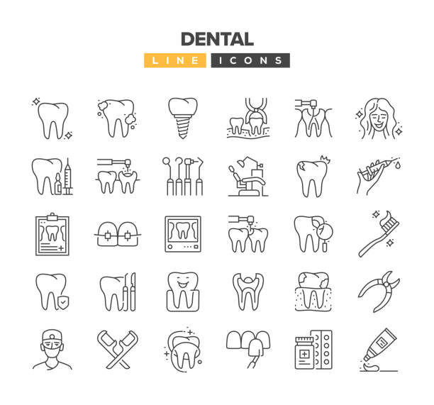 illustrazioni stock, clip art, cartoni animati e icone di tendenza di set di icone della linea dentale - dentists chair immagine