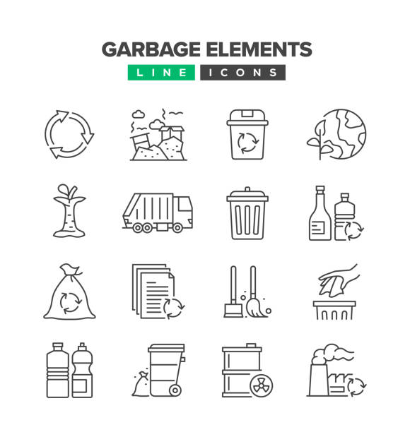ilustrações, clipart, desenhos animados e ícones de conjunto de ícones da linha de elementos de lixo - garbage bag garbage bag plastic